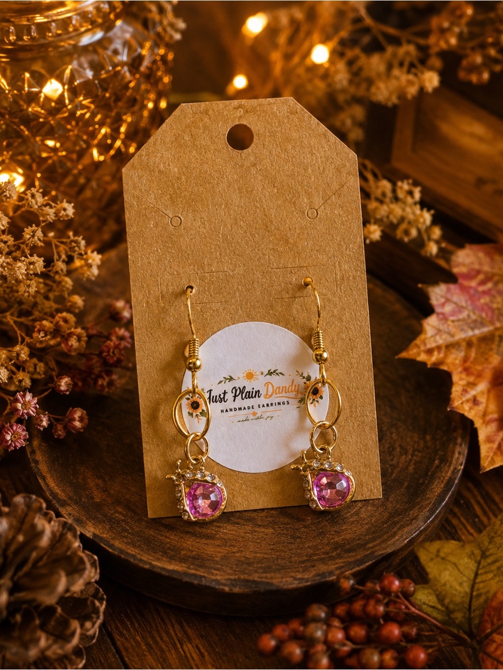Pink Rhinestone Ladybug Dangle Earrings Gold Tone Sparkle